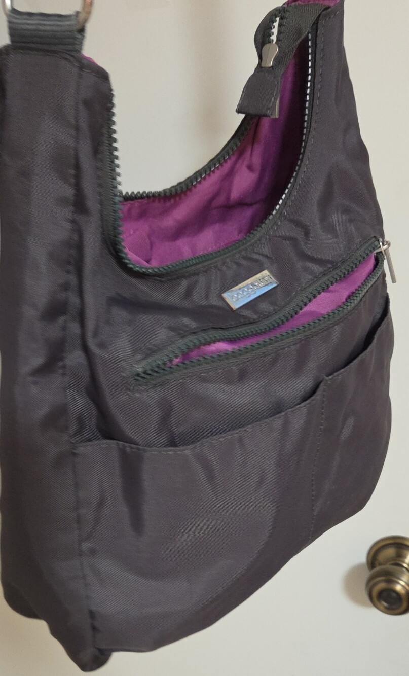 Grey Baggalini Nylon Crossbody Bag with Purple Lining